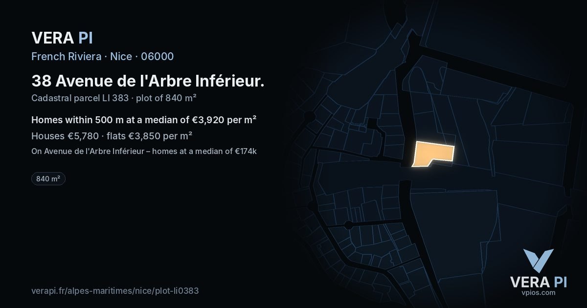 38 Avenue de l'Arbre Inférieur, Nice at night – the plot lit, the parcels around coloured by the prices near them