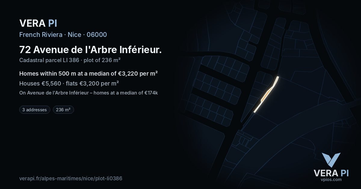 72 Avenue de l'Arbre Inférieur, Nice at night – the plot lit, the parcels around coloured by the prices near them