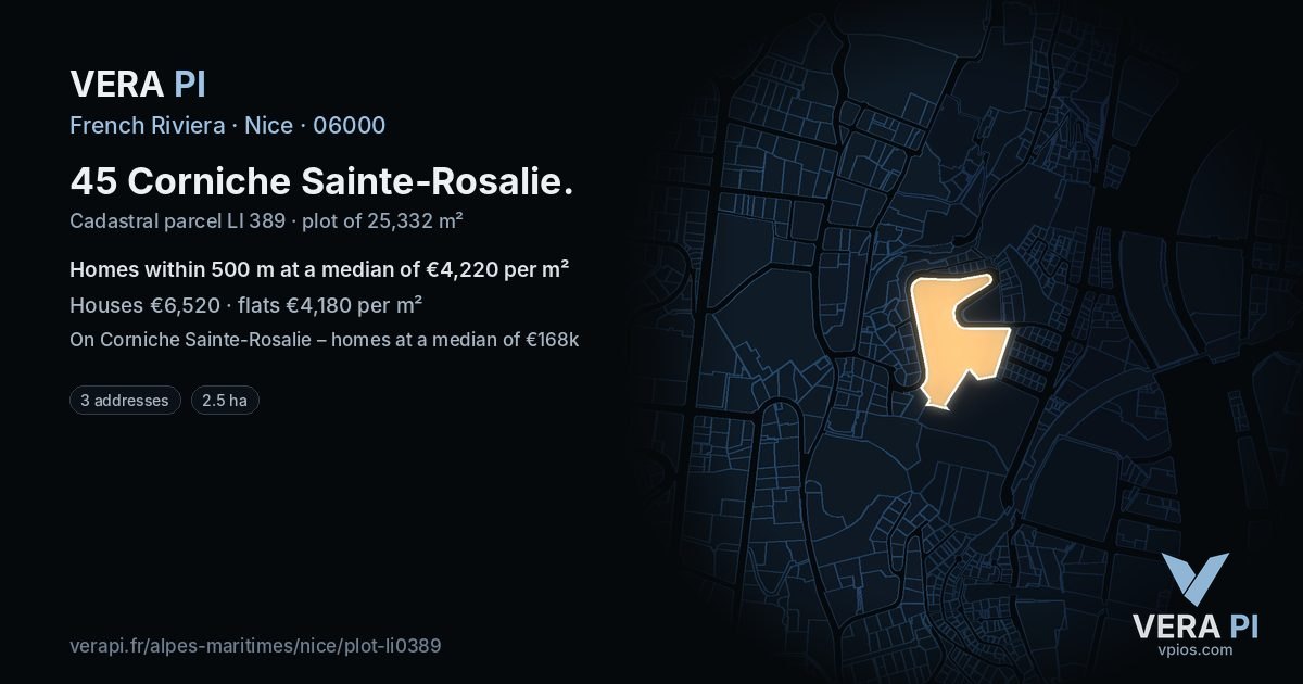 45 Corniche Sainte-Rosalie, Nice at night – the plot lit, the parcels around coloured by the prices near them