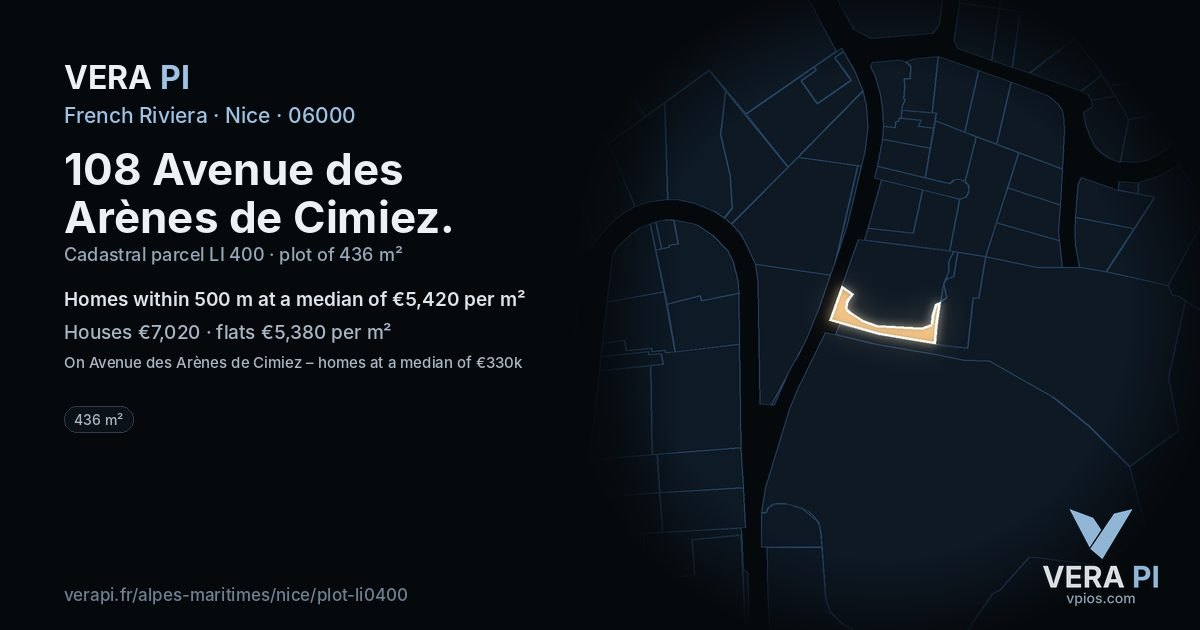 108 Avenue des Arènes de Cimiez, Nice at night – the plot lit, the parcels around coloured by the prices near them