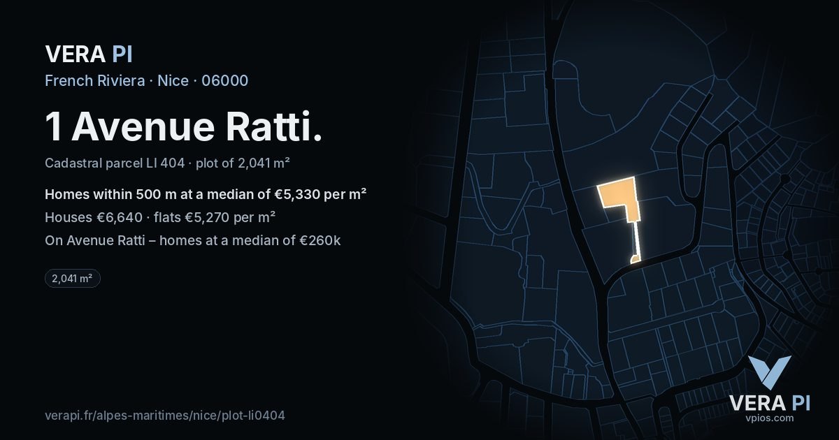1 Avenue Ratti, Nice at night – the plot lit, the parcels around coloured by the prices near them