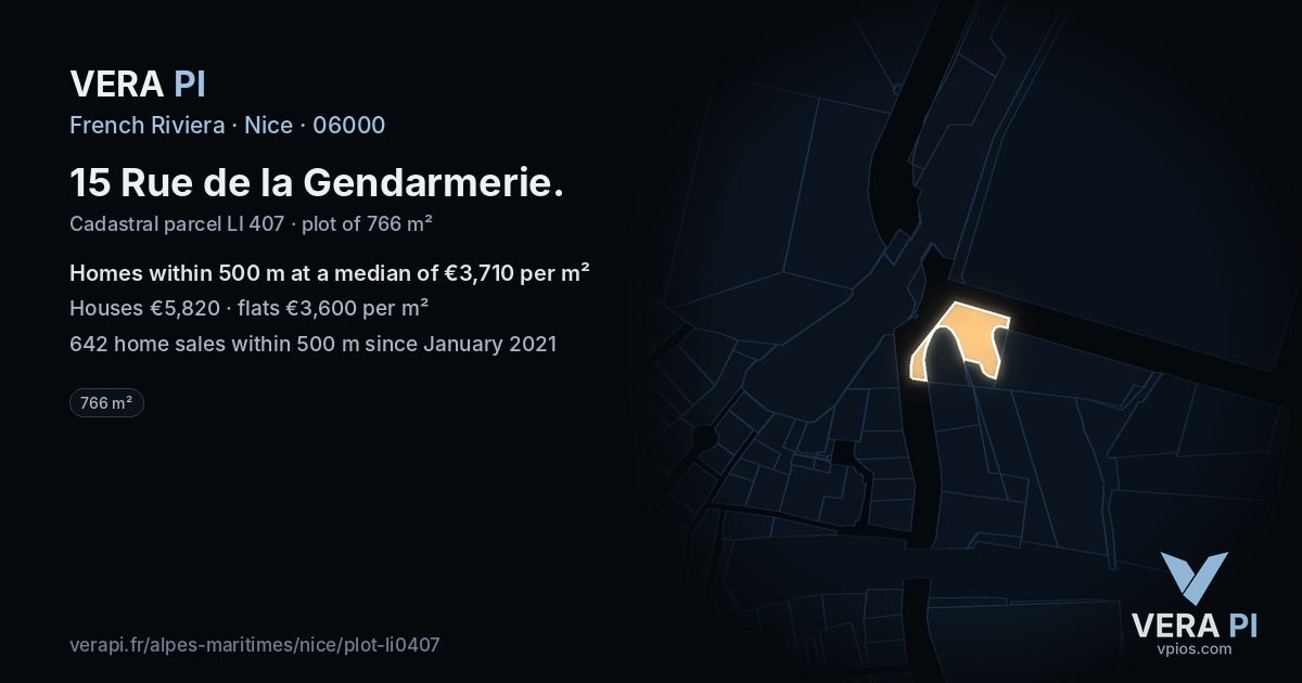 15 Rue de la Gendarmerie, Nice at night – the plot lit, the parcels around coloured by the prices near them