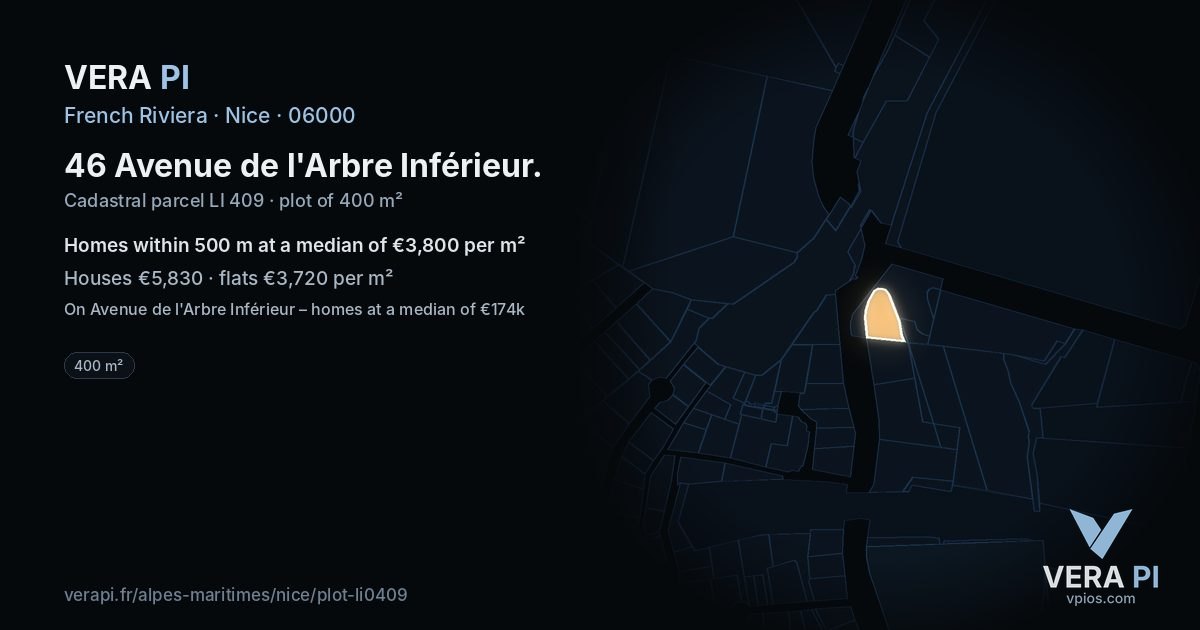 46 Avenue de l'Arbre Inférieur, Nice at night – the plot lit, the parcels around coloured by the prices near them