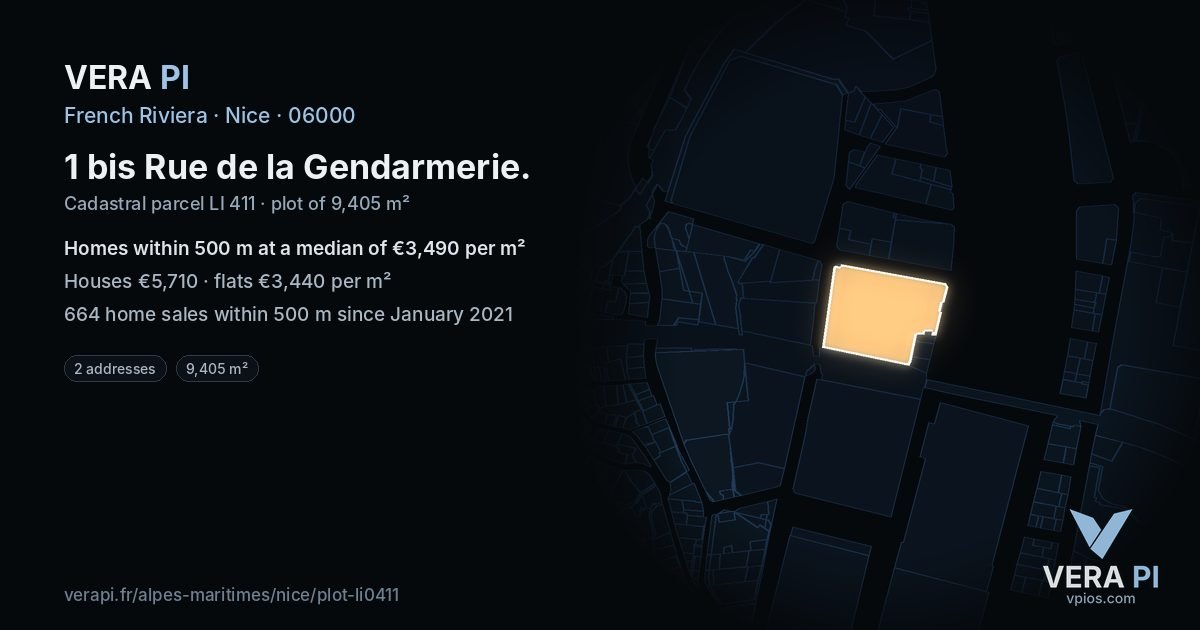 1 bis Rue de la Gendarmerie, Nice at night – the plot lit, the parcels around coloured by the prices near them