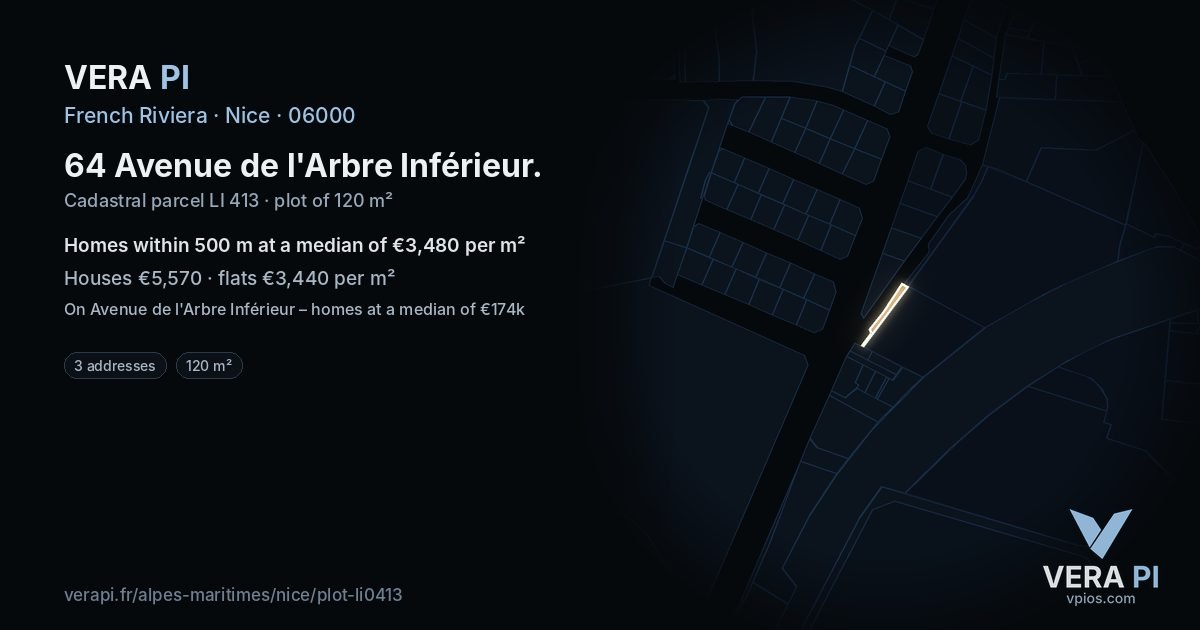 64 Avenue de l'Arbre Inférieur, Nice at night – the plot lit, the parcels around coloured by the prices near them
