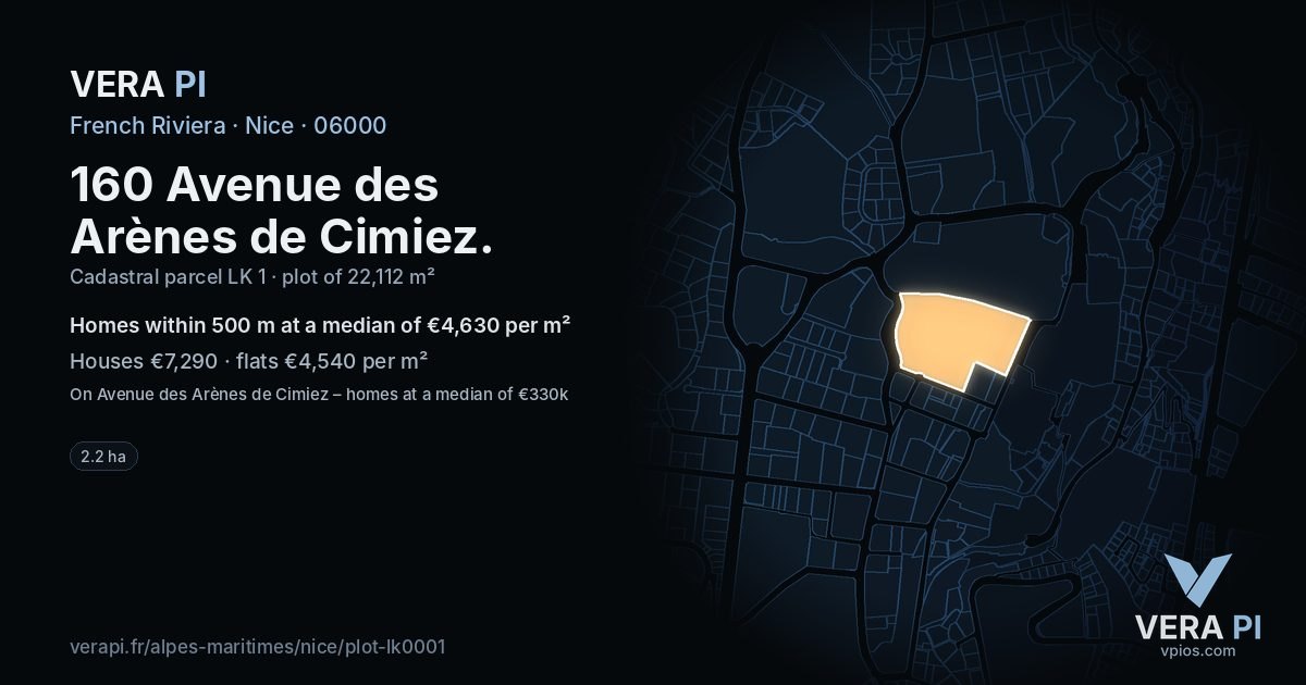 160 Avenue des Arènes de Cimiez, Nice at night – the plot lit, the parcels around coloured by the prices near them
