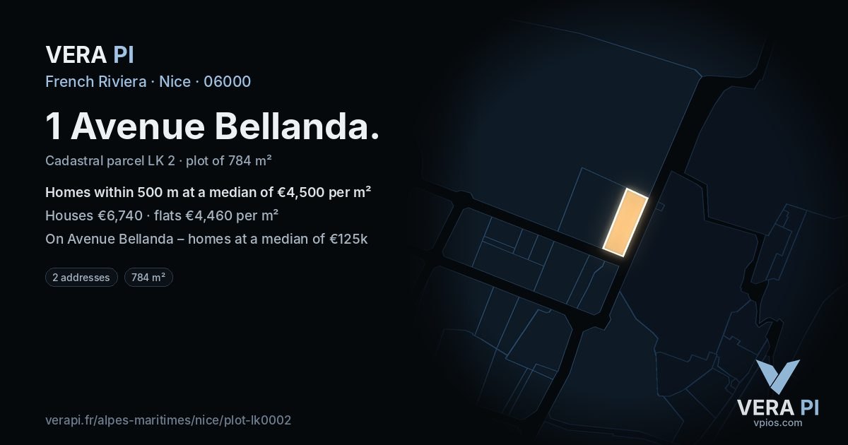 1 Avenue Bellanda, Nice at night – the plot lit, the parcels around coloured by the prices near them