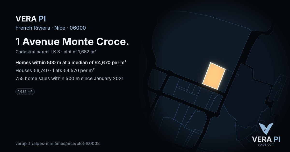 1 Avenue Monte Croce, Nice at night – the plot lit, the parcels around coloured by the prices near them