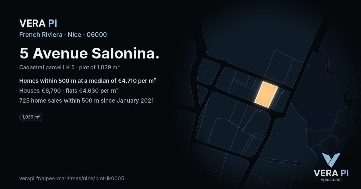 5 Avenue Salonina, Nice at night – the plot lit, the parcels around coloured by the prices near them