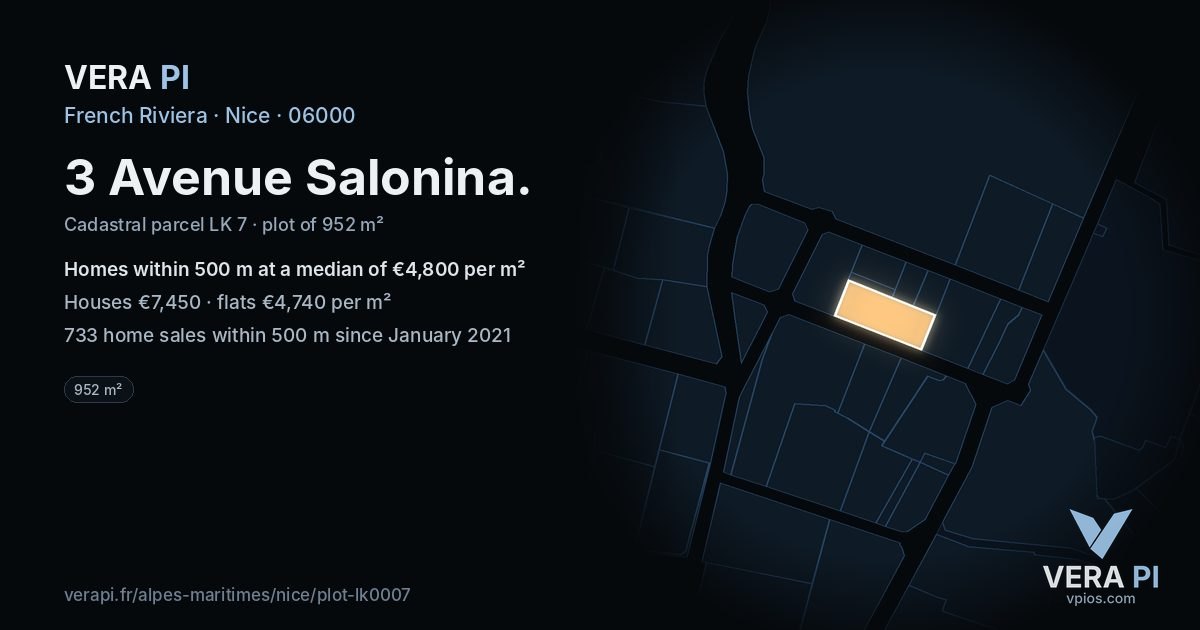 3 Avenue Salonina, Nice at night – the plot lit, the parcels around coloured by the prices near them