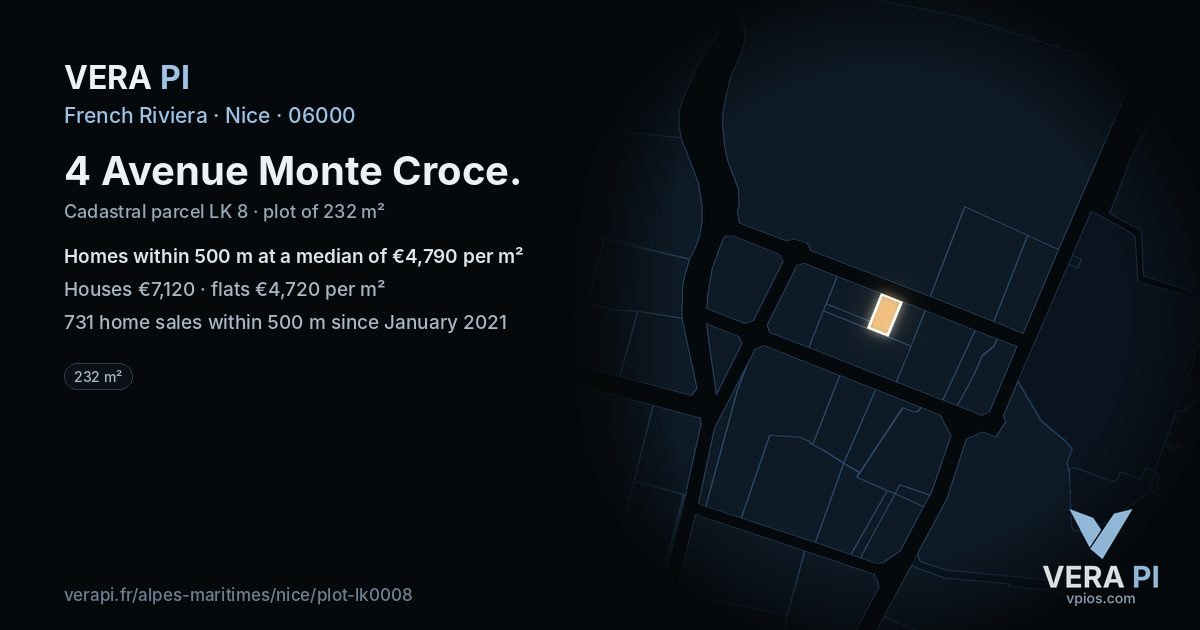 4 Avenue Monte Croce, Nice at night – the plot lit, the parcels around coloured by the prices near them