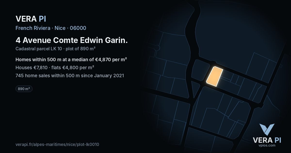 4 Avenue Comte Edwin Garin, Nice at night – the plot lit, the parcels around coloured by the prices near them