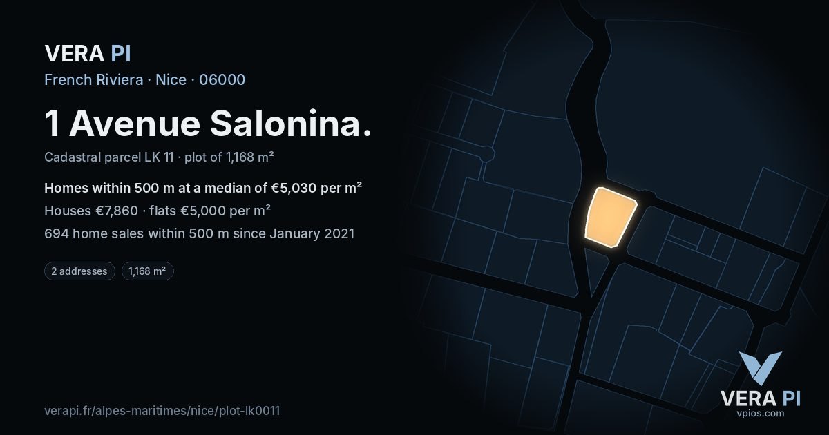 1 Avenue Salonina, Nice at night – the plot lit, the parcels around coloured by the prices near them