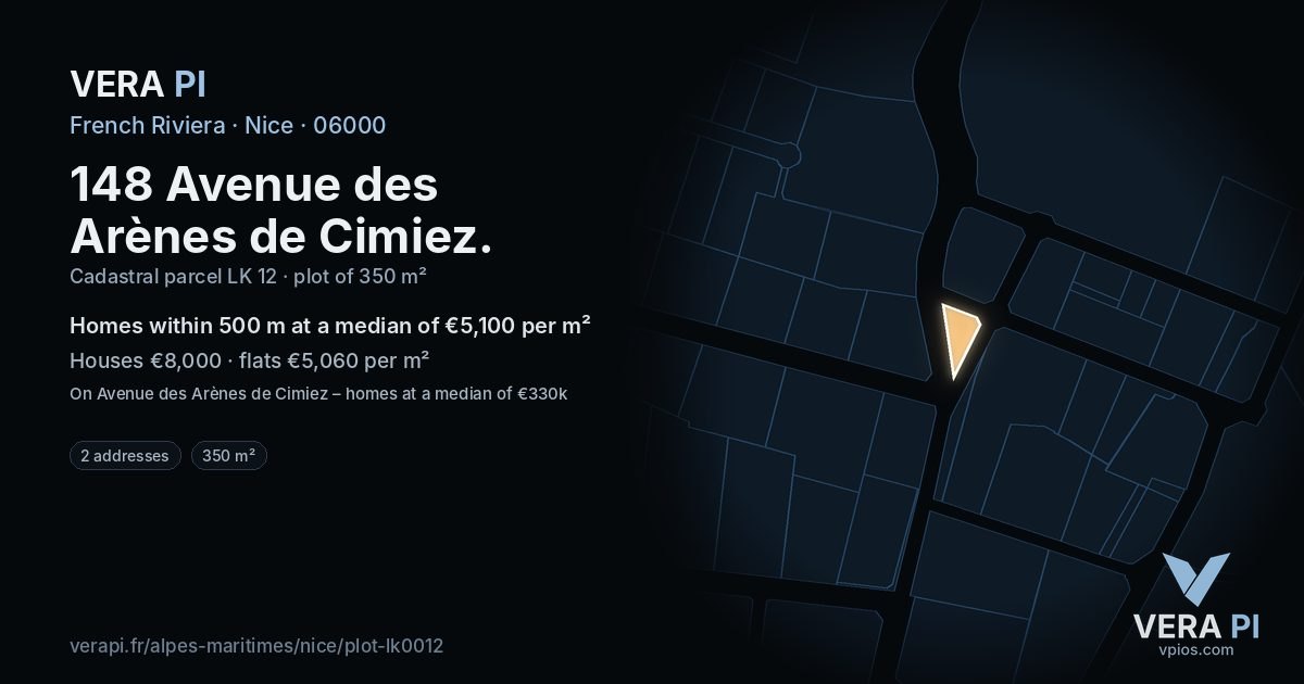 148 Avenue des Arènes de Cimiez, Nice at night – the plot lit, the parcels around coloured by the prices near them