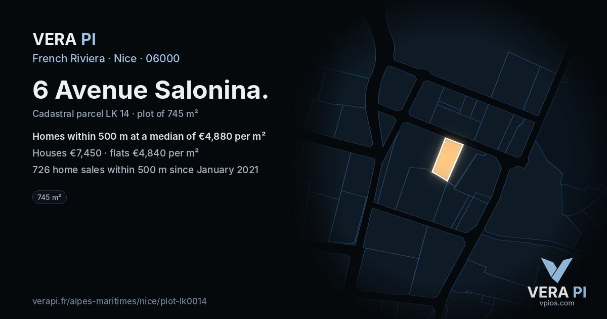 6 Avenue Salonina, Nice at night – the plot lit, the parcels around coloured by the prices near them