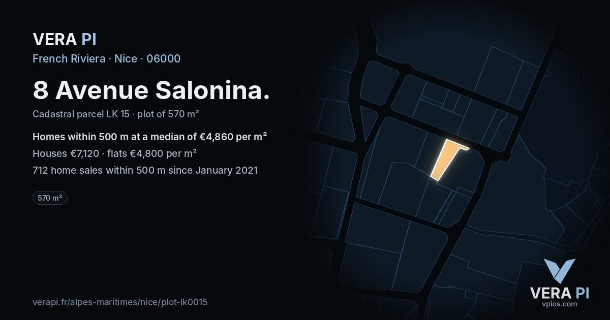 8 Avenue Salonina, Nice at night – the plot lit, the parcels around coloured by the prices near them