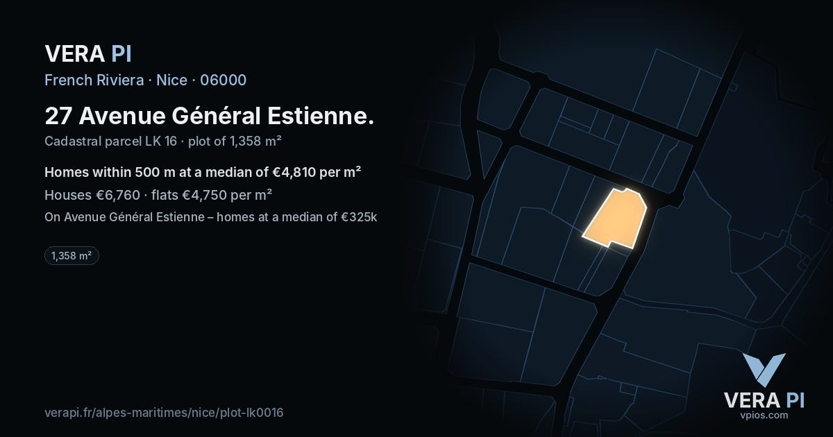 27 Avenue Général Estienne, Nice at night – the plot lit, the parcels around coloured by the prices near them