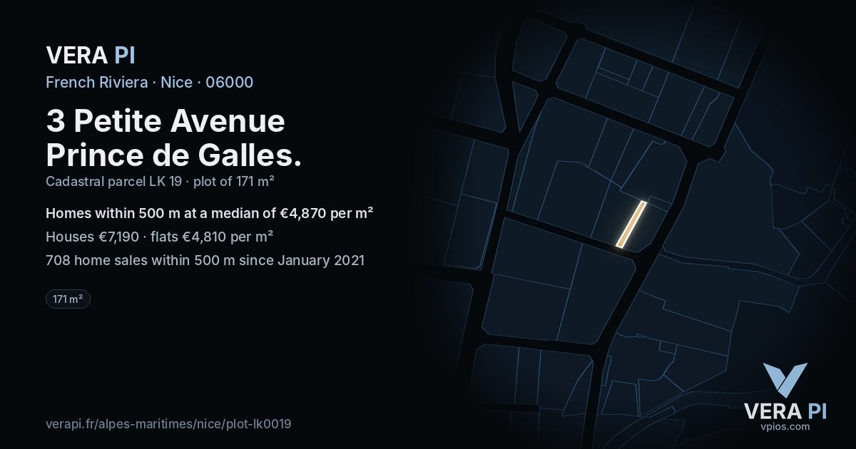 3 Petite Avenue Prince de Galles, Nice at night – the plot lit, the parcels around coloured by the prices near them