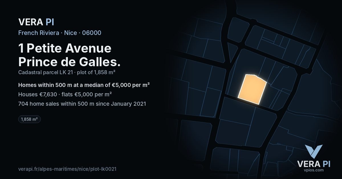 1 Petite Avenue Prince de Galles, Nice at night – the plot lit, the parcels around coloured by the prices near them