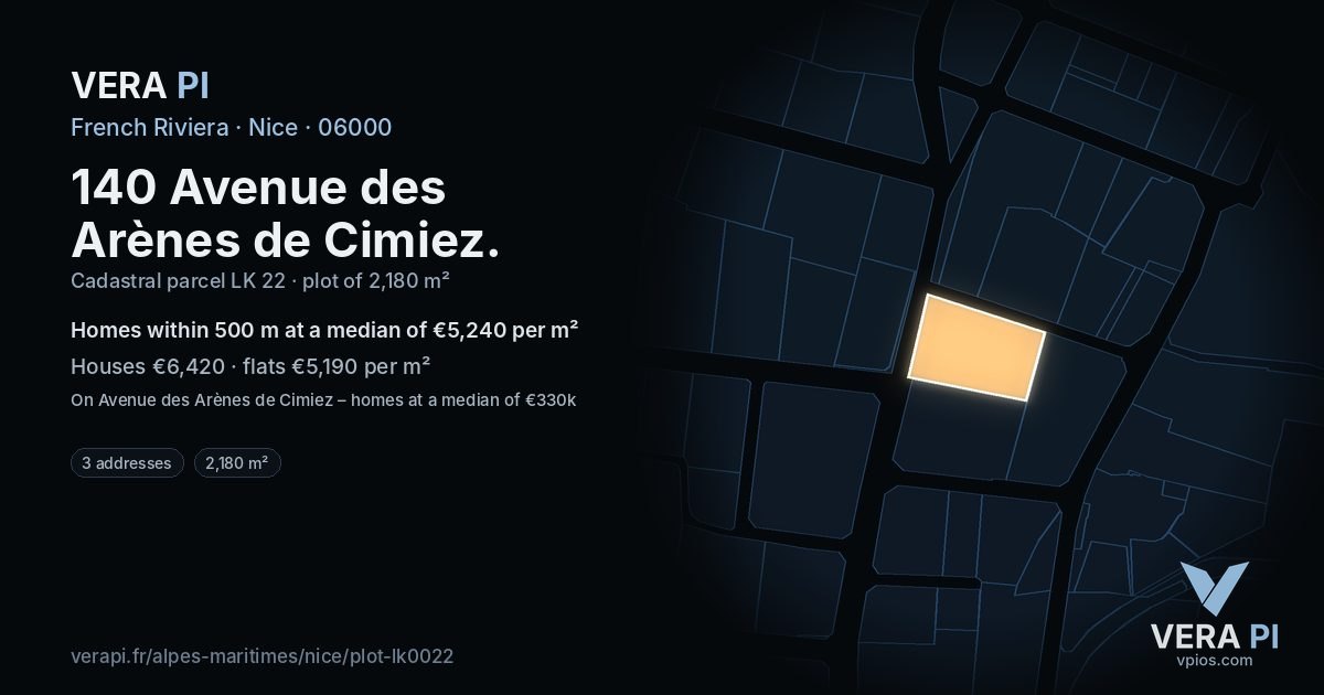 140 Avenue des Arènes de Cimiez, Nice at night – the plot lit, the parcels around coloured by the prices near them