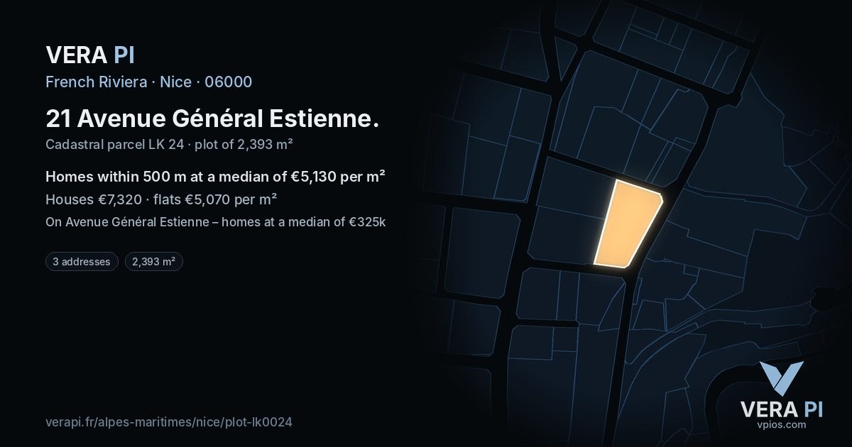 21 Avenue Général Estienne, Nice at night – the plot lit, the parcels around coloured by the prices near them