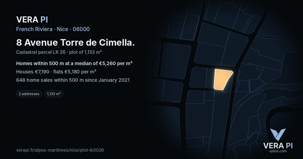 8 Avenue Torre de Cimella, Nice at night – the plot lit, the parcels around coloured by the prices near them