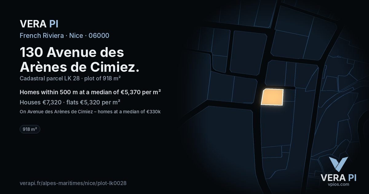 130 Avenue des Arènes de Cimiez, Nice at night – the plot lit, the parcels around coloured by the prices near them