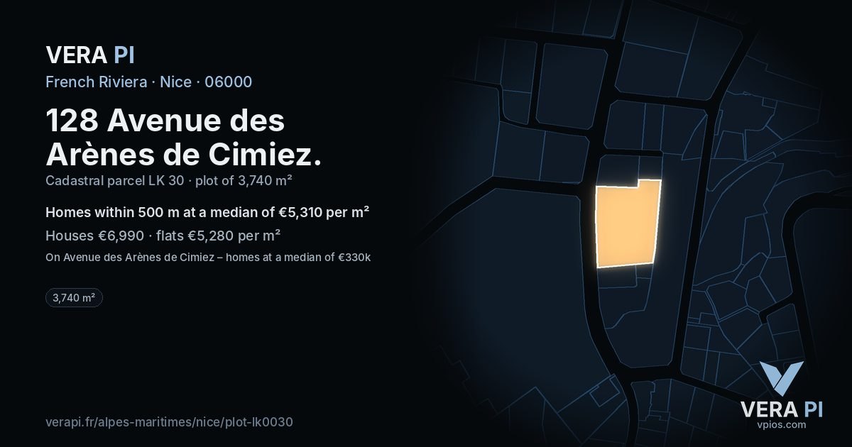 128 Avenue des Arènes de Cimiez, Nice at night – the plot lit, the parcels around coloured by the prices near them