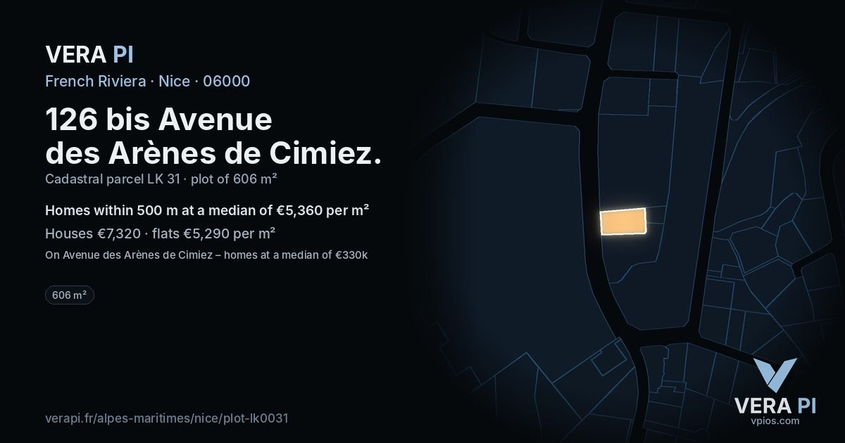 126 bis Avenue des Arènes de Cimiez, Nice at night – the plot lit, the parcels around coloured by the prices near them