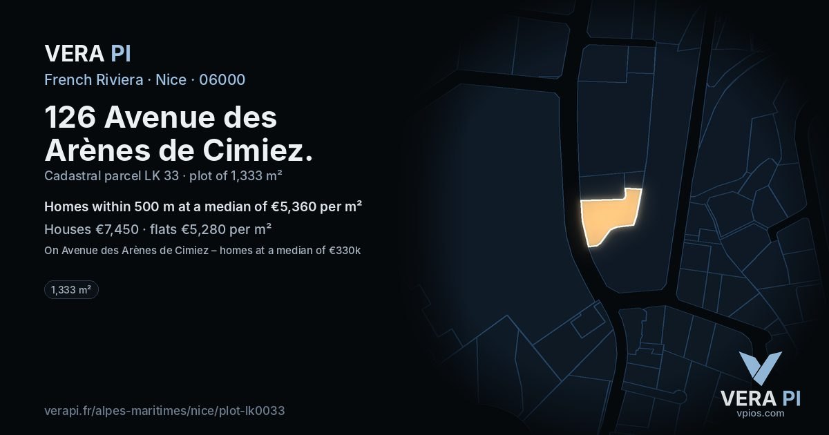 126 Avenue des Arènes de Cimiez, Nice at night – the plot lit, the parcels around coloured by the prices near them