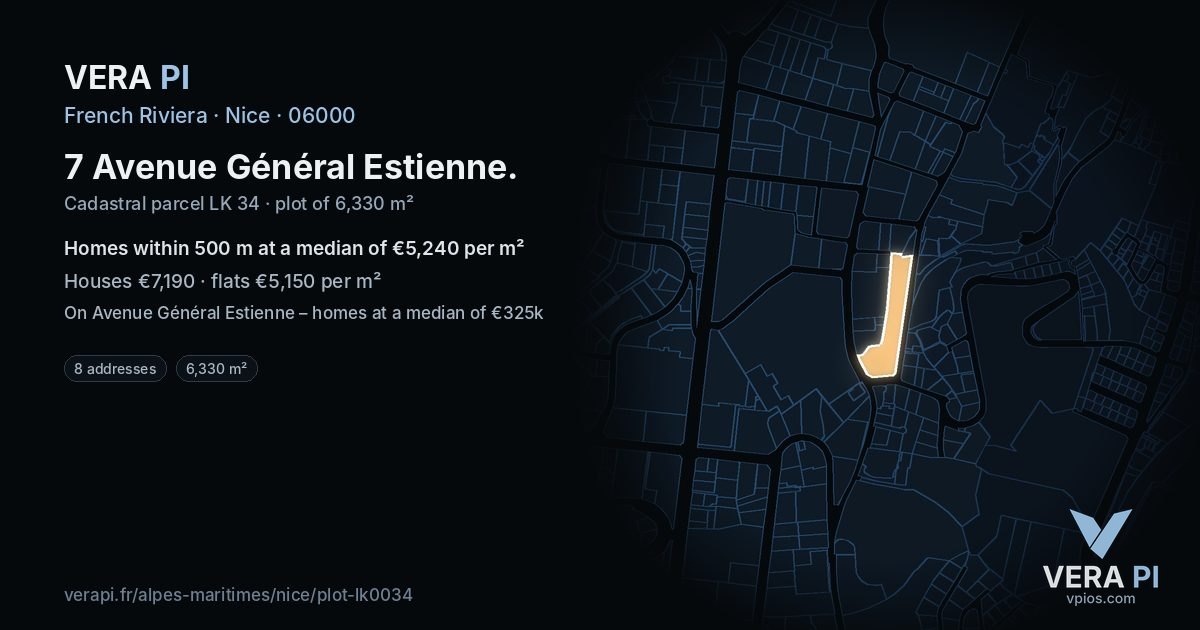 7 Avenue Général Estienne, Nice at night – the plot lit, the parcels around coloured by the prices near them