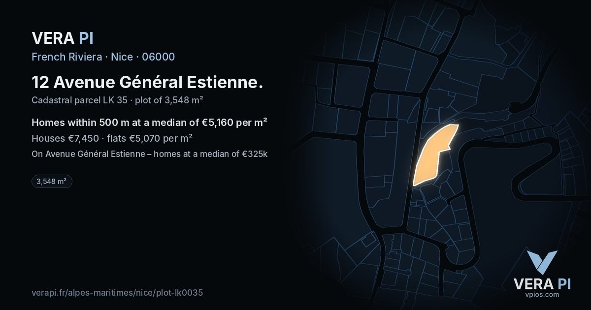 12 Avenue Général Estienne, Nice at night – the plot lit, the parcels around coloured by the prices near them