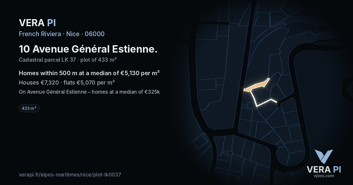 10 Avenue Général Estienne, Nice at night – the plot lit, the parcels around coloured by the prices near them