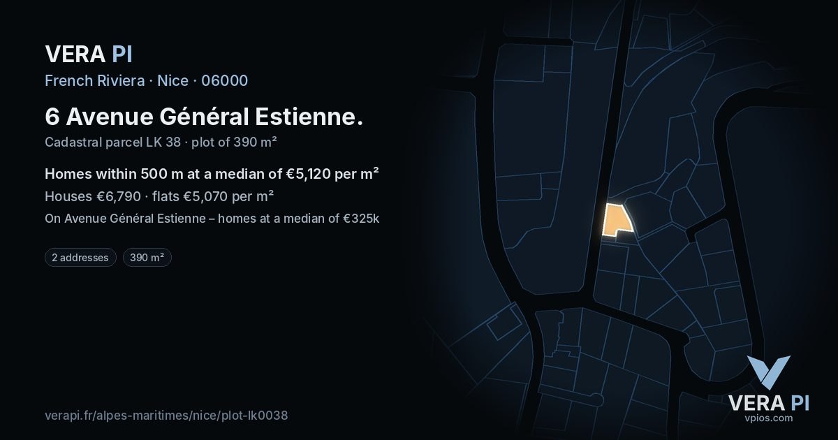 6 Avenue Général Estienne, Nice at night – the plot lit, the parcels around coloured by the prices near them