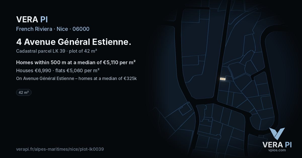 4 Avenue Général Estienne, Nice at night – the plot lit, the parcels around coloured by the prices near them