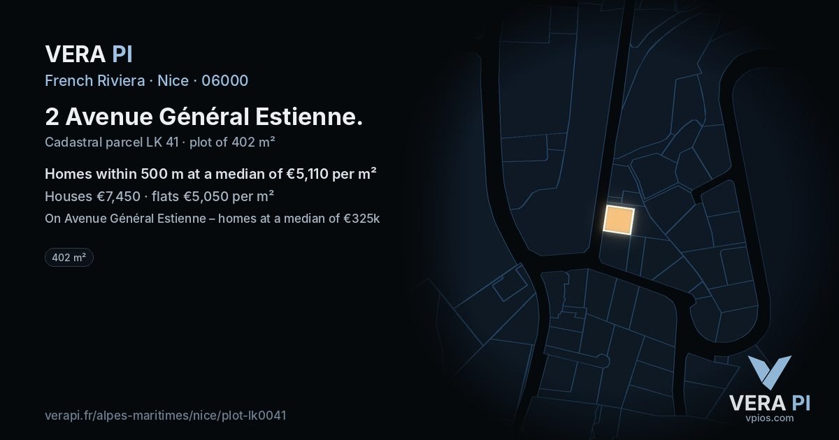 2 Avenue Général Estienne, Nice at night – the plot lit, the parcels around coloured by the prices near them