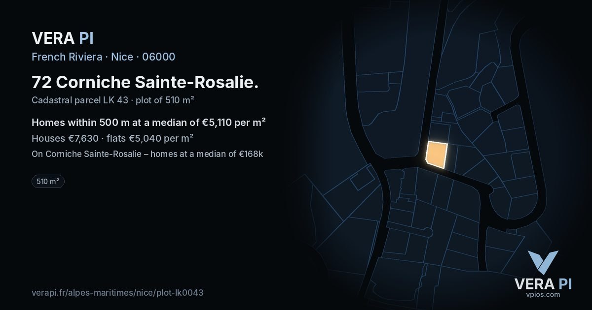 72 Corniche Sainte-Rosalie, Nice at night – the plot lit, the parcels around coloured by the prices near them