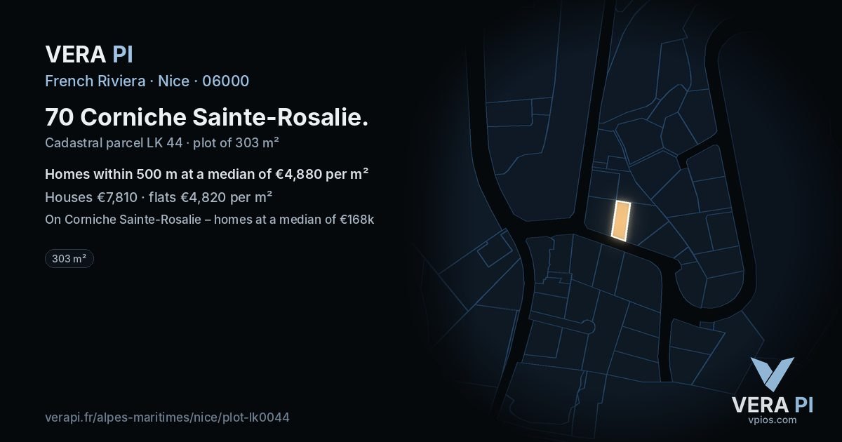 70 Corniche Sainte-Rosalie, Nice at night – the plot lit, the parcels around coloured by the prices near them