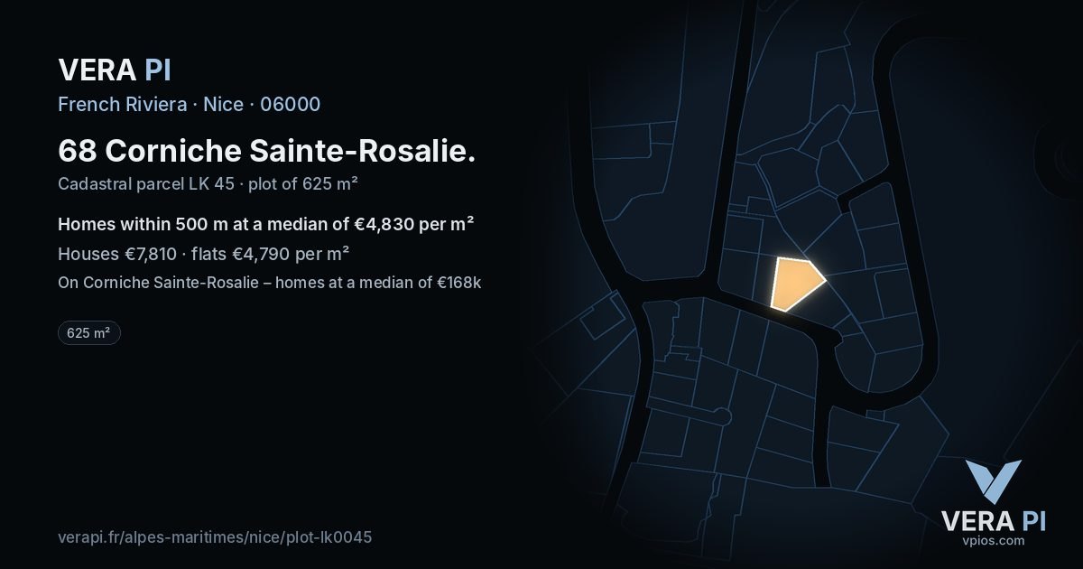68 Corniche Sainte-Rosalie, Nice at night – the plot lit, the parcels around coloured by the prices near them