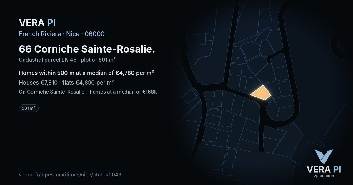 66 Corniche Sainte-Rosalie, Nice at night – the plot lit, the parcels around coloured by the prices near them