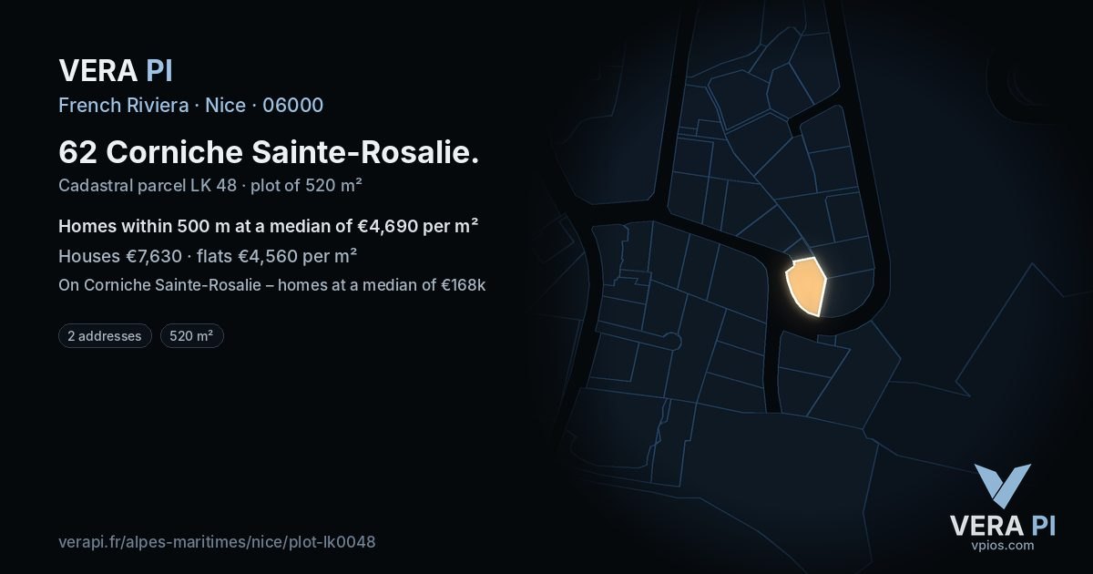 62 Corniche Sainte-Rosalie, Nice at night – the plot lit, the parcels around coloured by the prices near them