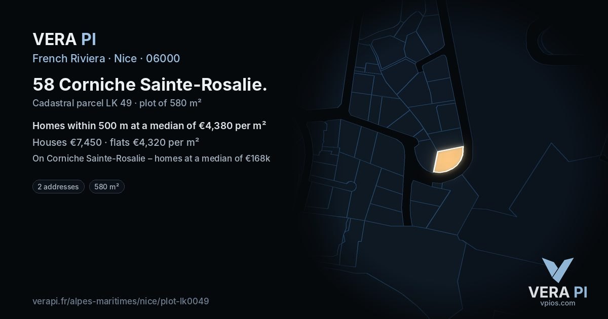 58 Corniche Sainte-Rosalie, Nice at night – the plot lit, the parcels around coloured by the prices near them