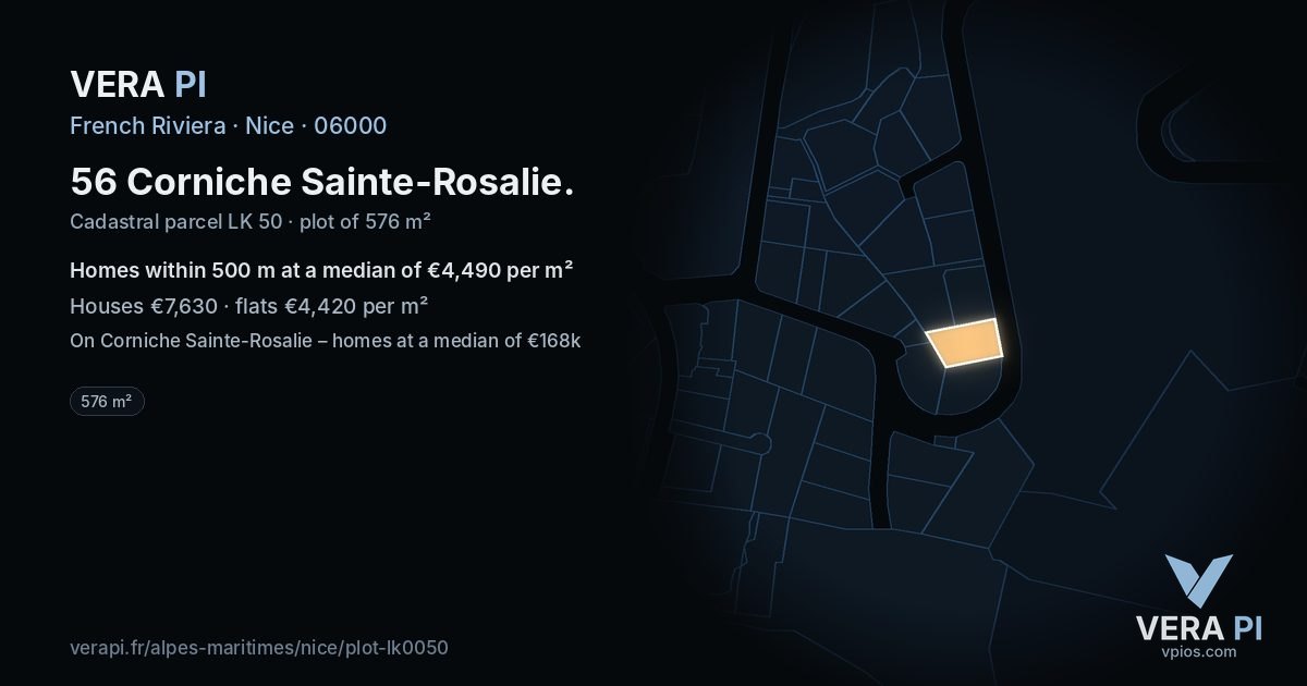 56 Corniche Sainte-Rosalie, Nice at night – the plot lit, the parcels around coloured by the prices near them
