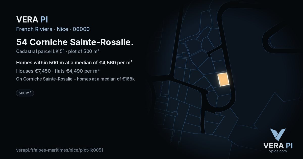 54 Corniche Sainte-Rosalie, Nice at night – the plot lit, the parcels around coloured by the prices near them