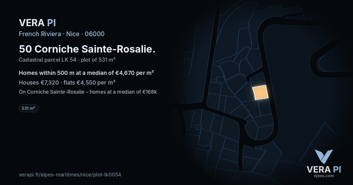 50 Corniche Sainte-Rosalie, Nice at night – the plot lit, the parcels around coloured by the prices near them