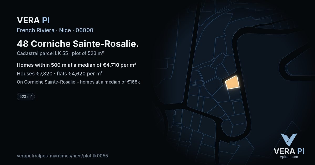 48 Corniche Sainte-Rosalie, Nice at night – the plot lit, the parcels around coloured by the prices near them