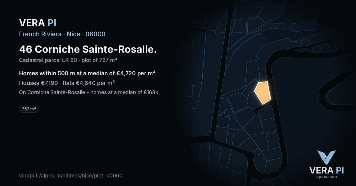 46 Corniche Sainte-Rosalie, Nice at night – the plot lit, the parcels around coloured by the prices near them