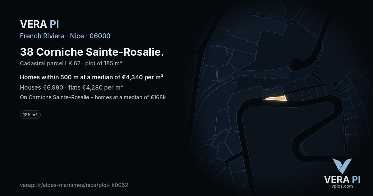 38 Corniche Sainte-Rosalie, Nice at night – the plot lit, the parcels around coloured by the prices near them