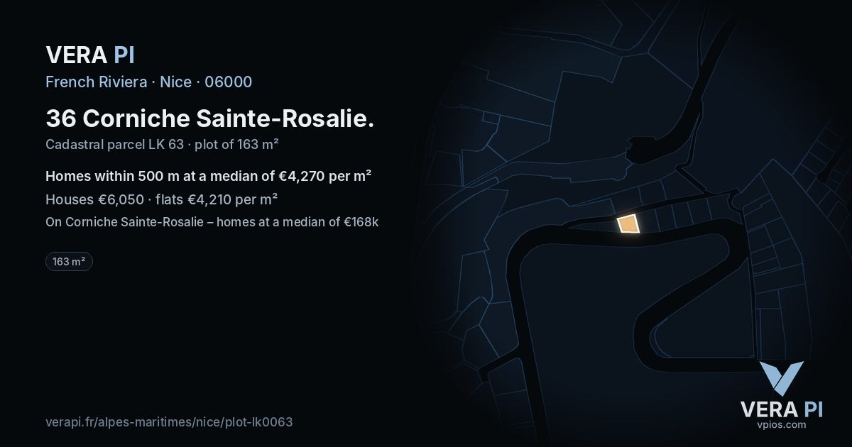 36 Corniche Sainte-Rosalie, Nice at night – the plot lit, the parcels around coloured by the prices near them