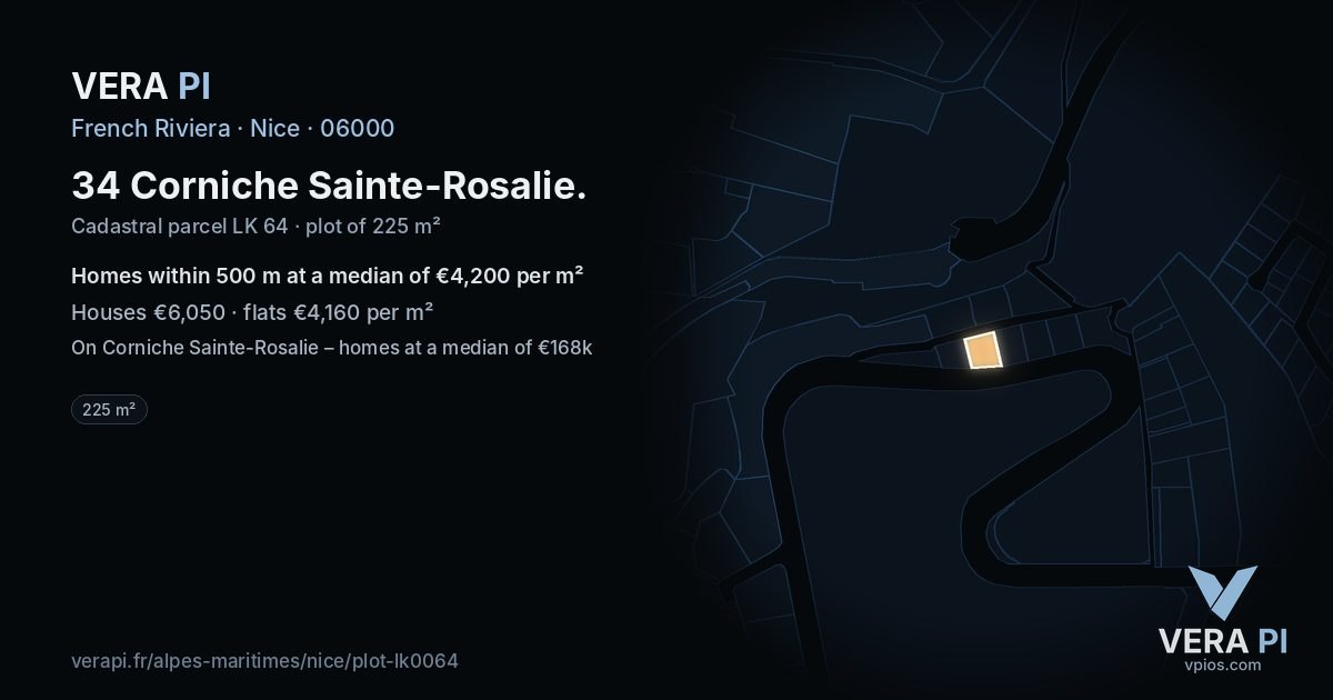 34 Corniche Sainte-Rosalie, Nice at night – the plot lit, the parcels around coloured by the prices near them
